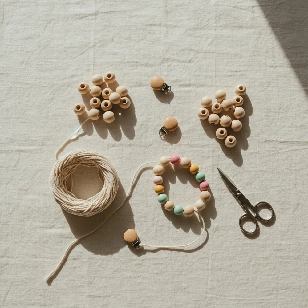 Holzperlen in Natur, Rosa, Mint und Honiggelb mit Kordel, Holzclips und Schere auf Leinen