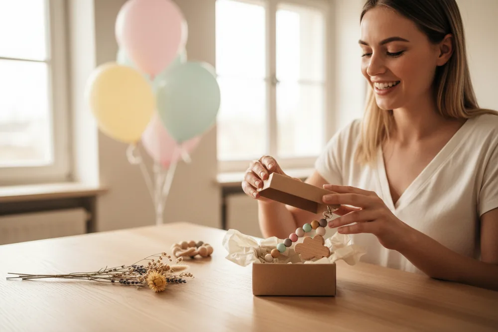 Lächelnde junge Frau öffnet eine Geschenkbox mit Holz-Schnullerkette, Pastellballons im Hintergrund
