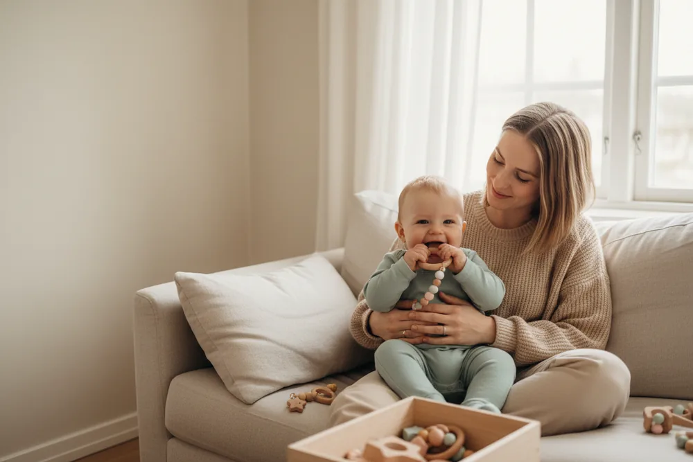 Junge Mutter lächelt ihr Baby an, das auf einem Holz-Greifring kaut