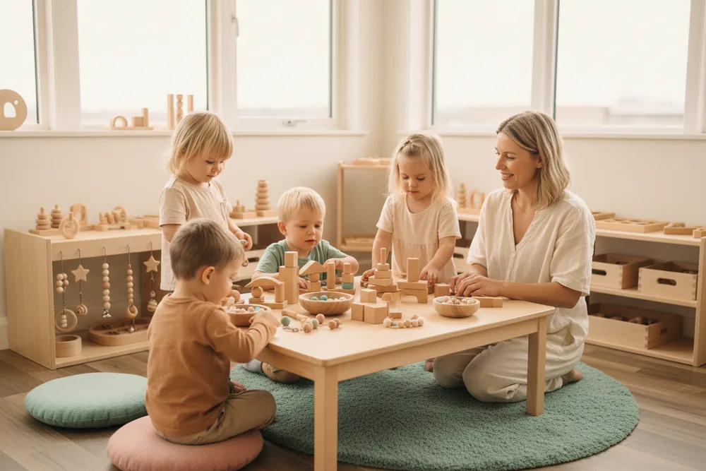 Vier Kinder spielen mit Holzklötzen und Perlen am Holztisch, Erzieherin kniet daneben