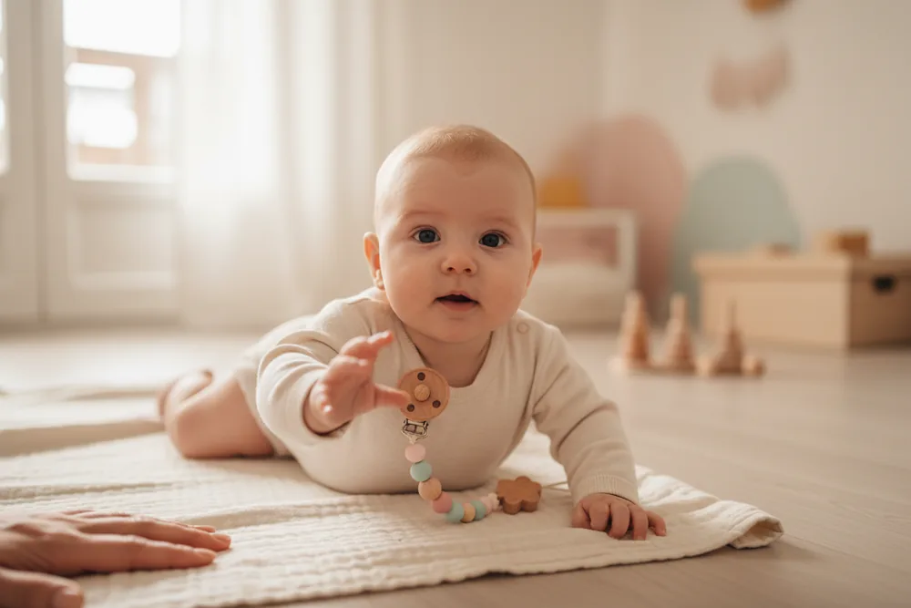 Wach liegendes Baby auf einer Spieldecke greift nach einer Holz-Schnullerkette mit Pastellperlen