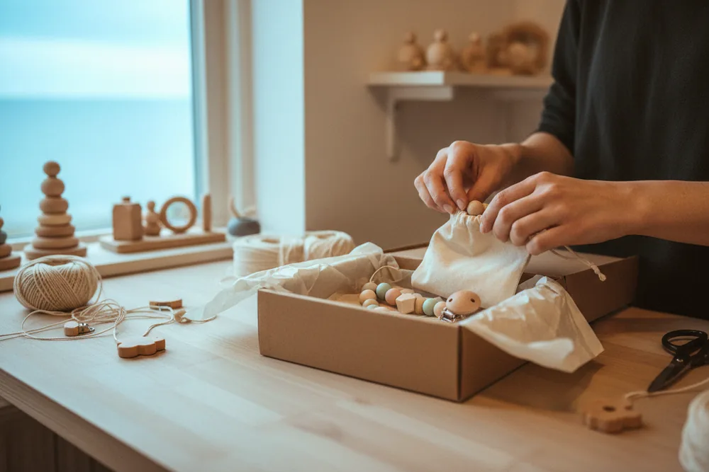 Hände packen Holzperlen und eine Schnullerkette in einer hellen Werkstatt in eine Kraftpapier-Box