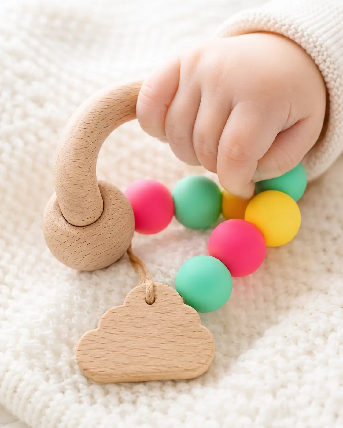 Babyhand mit Holz-Greifring