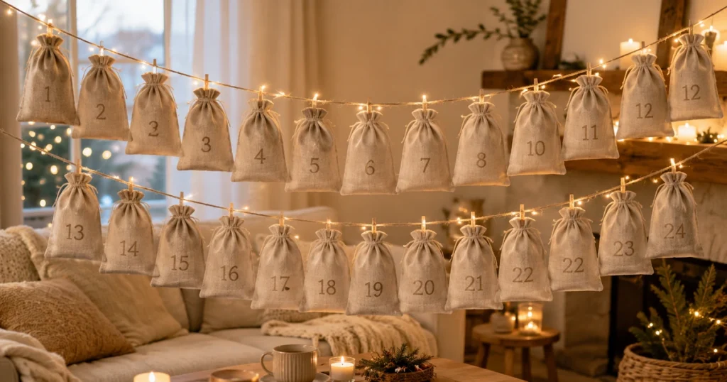 Adventskalender hängt an einer Schnur quer durch ein gemütliches Wohnzimmer, beleuchtet von einer Lichterkette. Säckchen in Naturtönen, nummeriert.