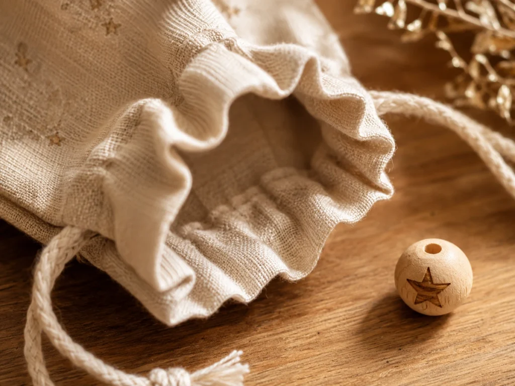 Detailaufnahme eines geöffneten Säckchens mit einer kleinen Holzperle daneben.