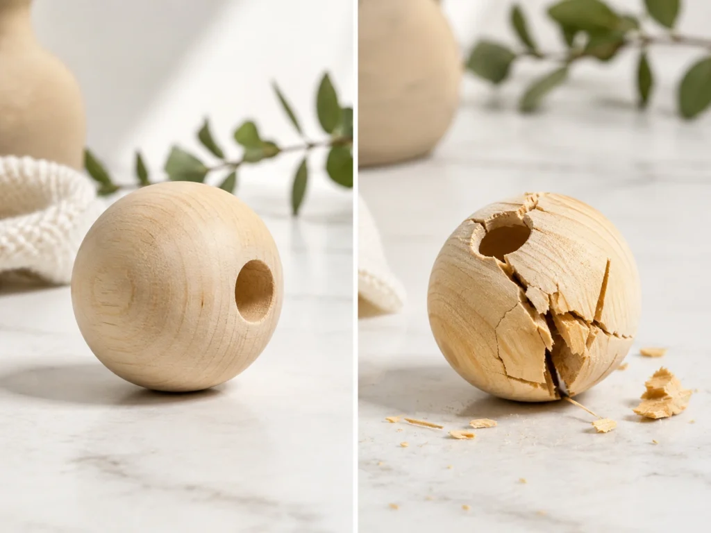 Split-Image: Links eine Ahorn-Holzperle nach Falltest aus 1 m — intakt. Rechts eine günstige Weichholzperle nach gleichem Test — gesplittert.