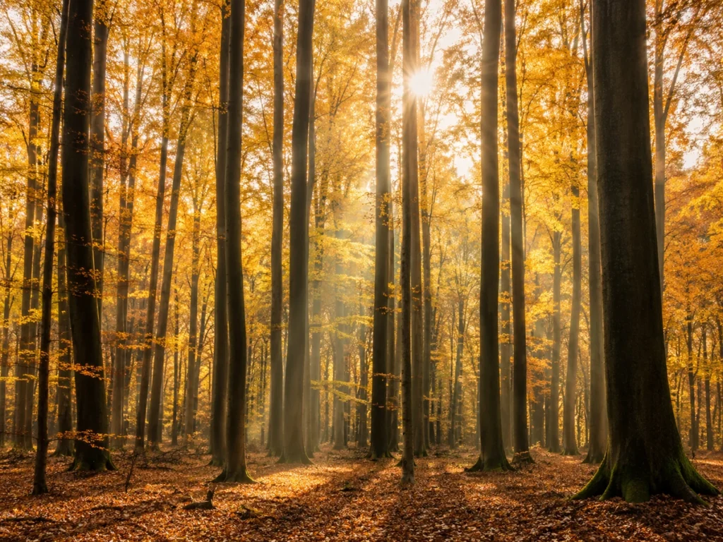Naturfotografie eines deutschen Ahornwaldes im Herbst, lichtdurchflutet. Goldene Blätter, hohe Stämme, weicher Sonnenstrahl.
