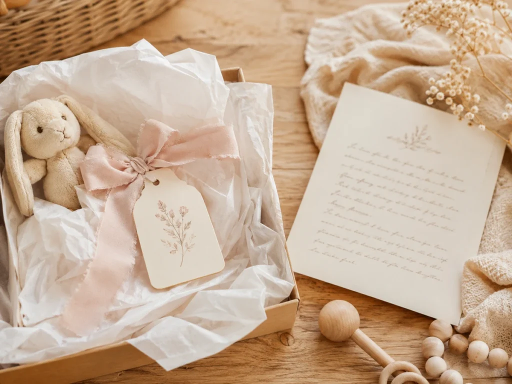 Anhänger als Geschenk verpackt in Seidenpapier, daneben handgeschriebene Karte.