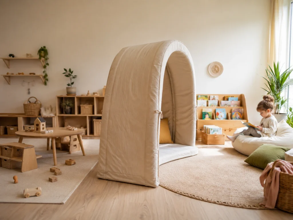 Cosy Cove-Höhle als Raumtrenner zwischen Spiel- und Lese-Ecke, weiches Tageslicht.