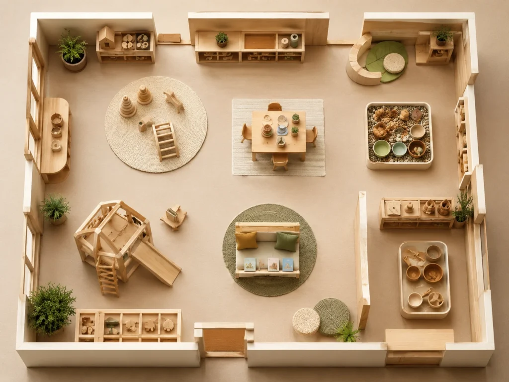 Visuell stilisierte Aufsicht: Möbelstücke als kleine Holz-Repräsentationen in einer „Raumkarte" angeordnet, Zonen erkennbar.