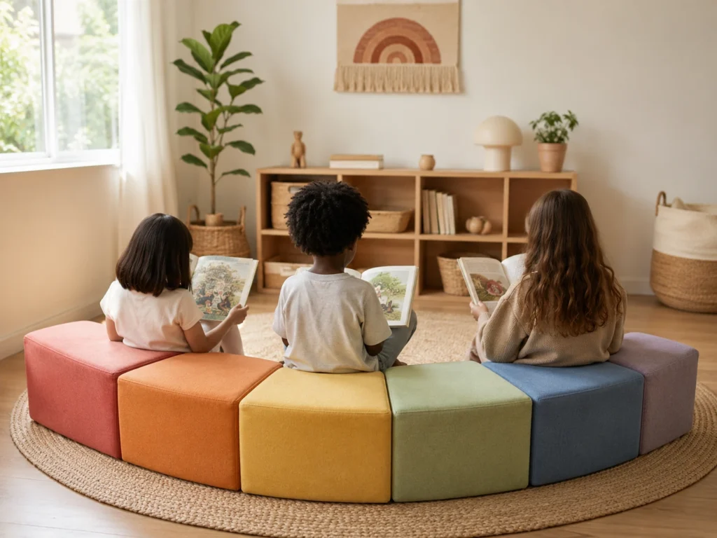 Regenbogen Lese-Mini-Zone, Kinder lesen auf Sitzkissen (nur Hinterköpfe).