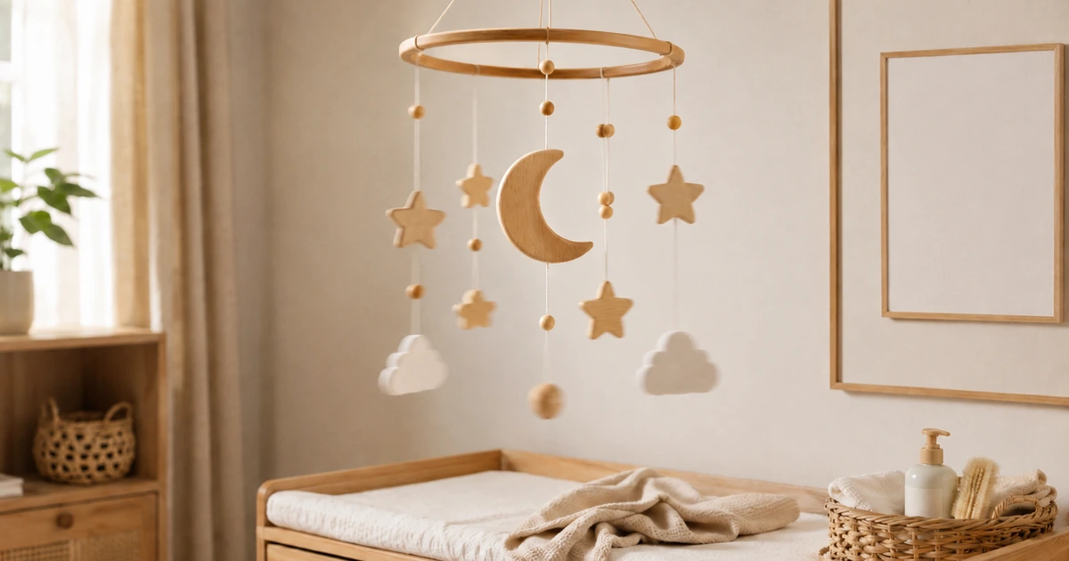 Mond-Sterne-Mobile aus Buchenholz über Wickeltisch in hellem Babyzimmer — Kiki-Ena DIY Anleitung