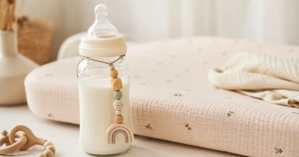 Babyflasche mit hübschem Charm am Hals, hängend, weiches Tageslicht, vor einer Wickelauflage.