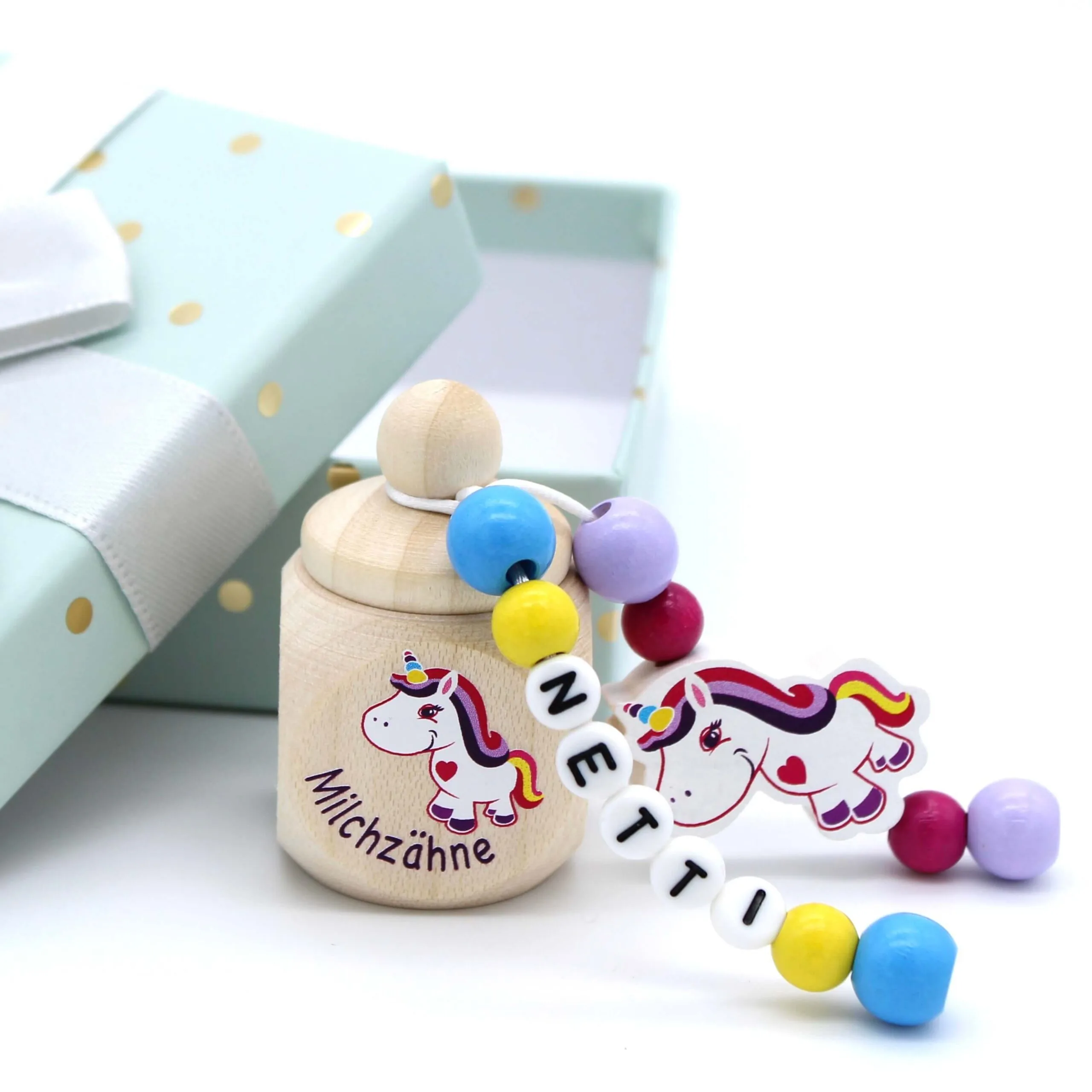 Bastelset Milchzahndose Einhorn pink mit Namen — Kiki-Ena Bastelmaterial Naturholz