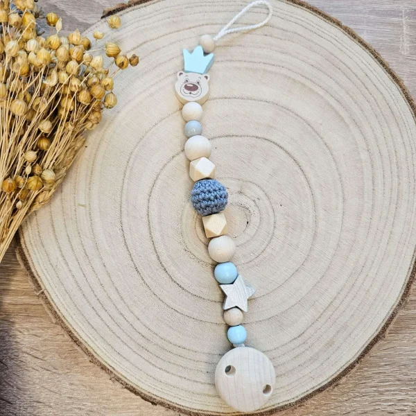 Bastelset Schnullerkette Bär mit Krone babyblau — Kiki-Ena Bastelmaterial Naturholz