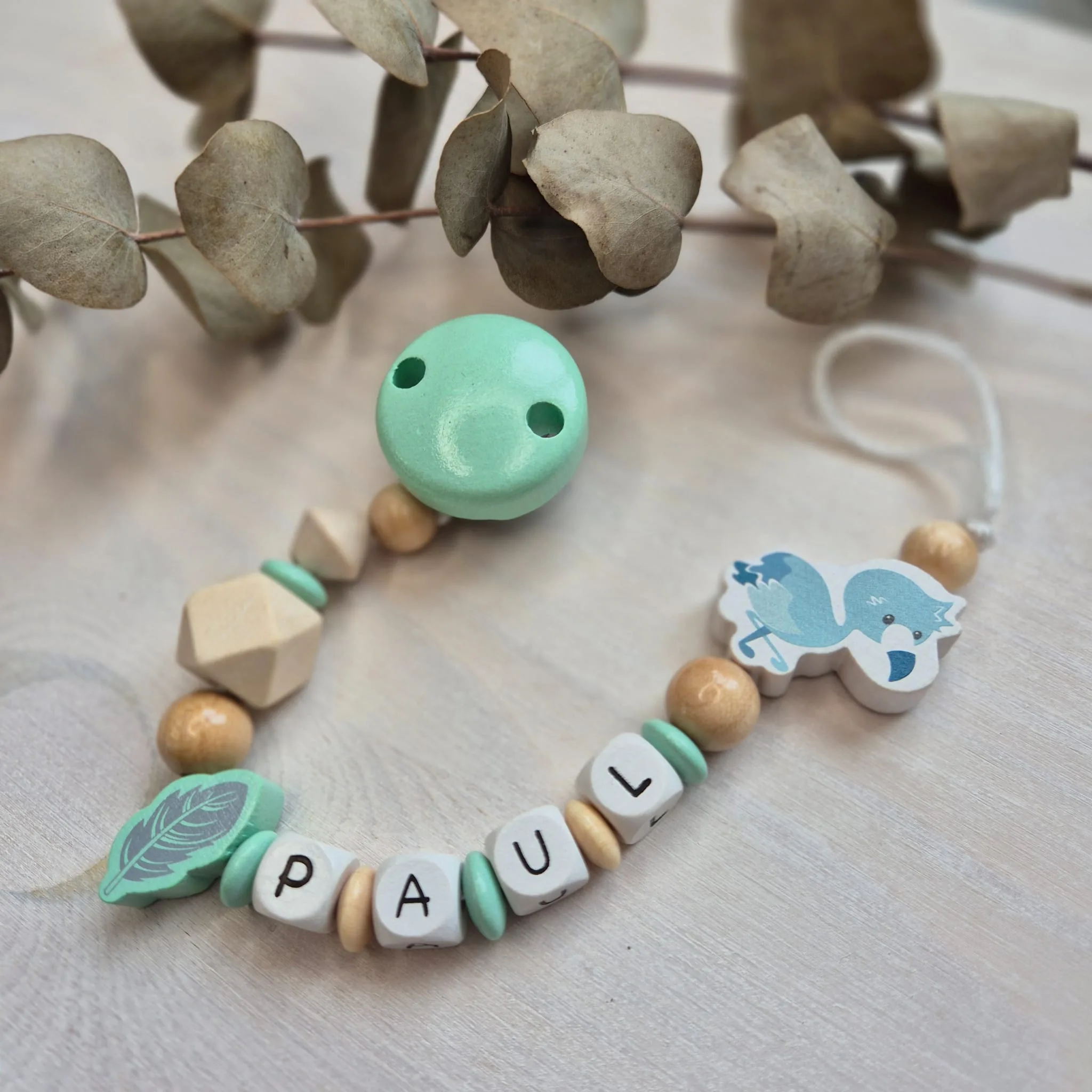 Bastelset Schnullerkette Flamingo mint — Kiki-Ena Bastelmaterial Naturholz