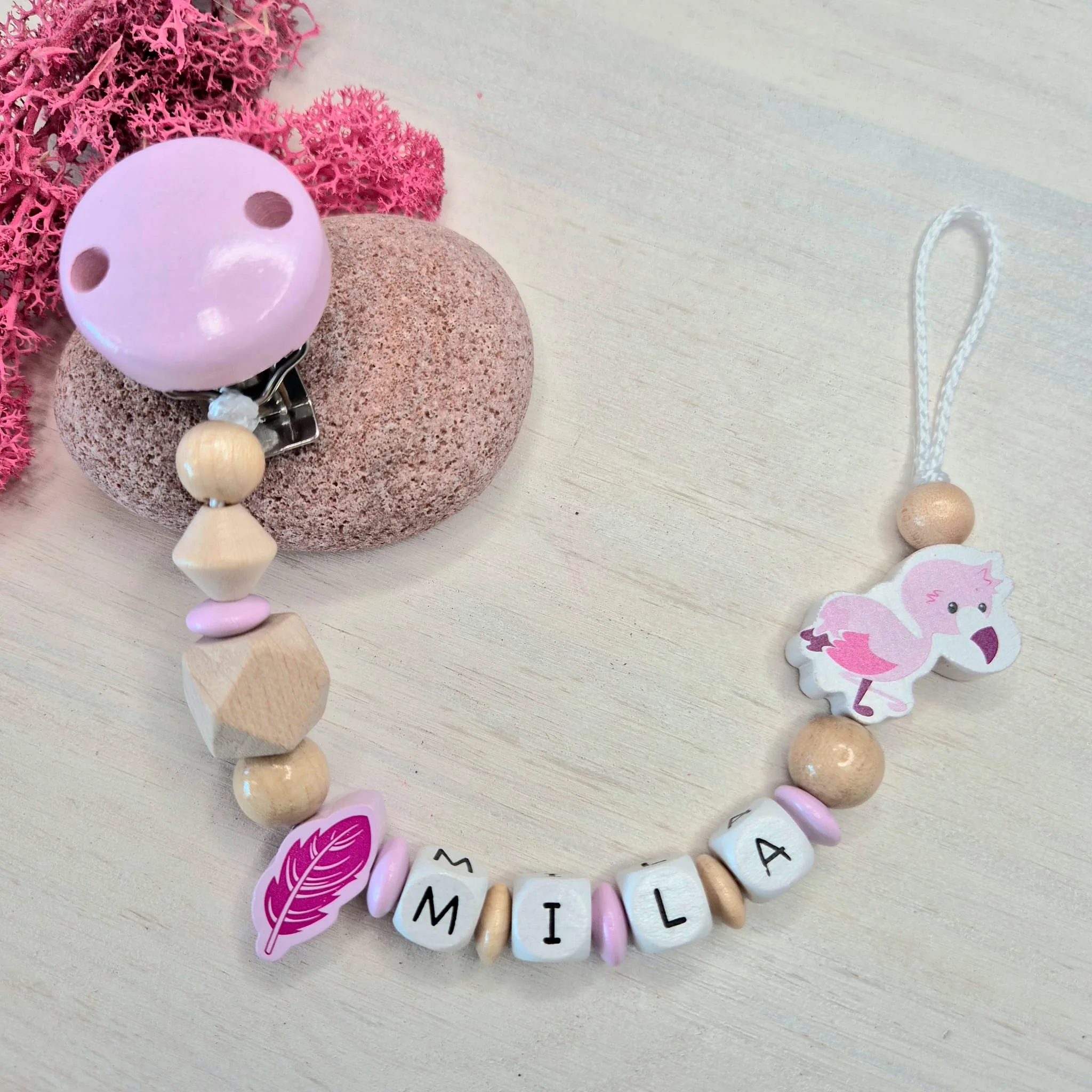 Bastelset Schnullerkette Flamingo Rosa — Kiki-Ena Bastelmaterial Naturholz
