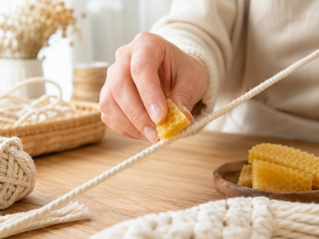 Hand reibt mit einem Stück Bienenwachs über ein Stück Baumwollkordel — als visuelle Anleitung für DIY-Versiegelung. Warmes Licht, Workshop-Atmosphäre.