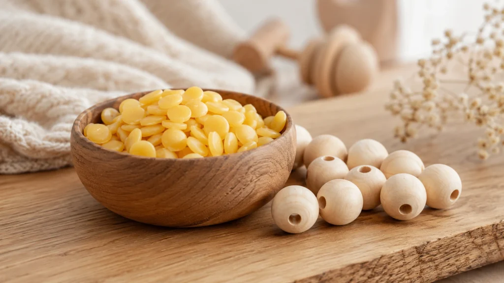 Detail-Stillleben: Goldgelbe Bienenwachs-Pastillen in einer kleinen Holzschale, daneben unbehandelte Ahorn-Holzperlen. Warmes Tageslicht, Holz-Tischhintergrund.