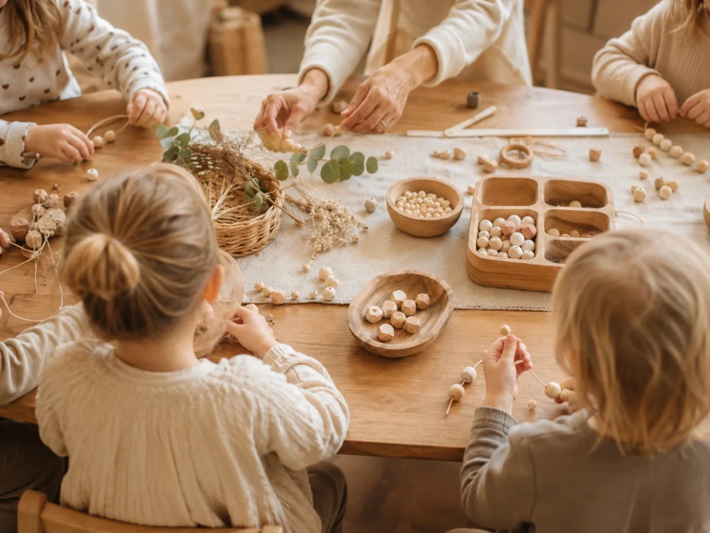Gruppe von Kindern am großen Tisch beim Basteln (Hände, Hinterköpfe), Erzieherin unterstützt.