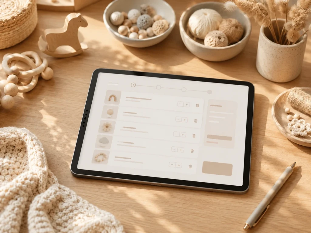 Tablet mit Bestellliste, im Hintergrund Material in Schalen.