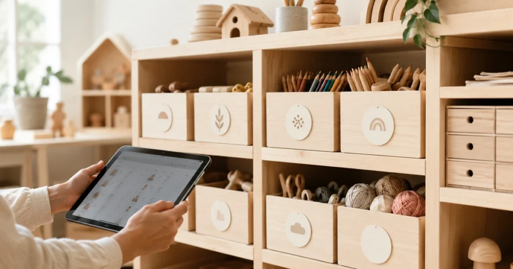 Aufgeräumtes Kita-Bastelregal mit beschrifteten Boxen, Erzieherin (nur Hände) mit Tablet im Vordergrund prüft Bestand.