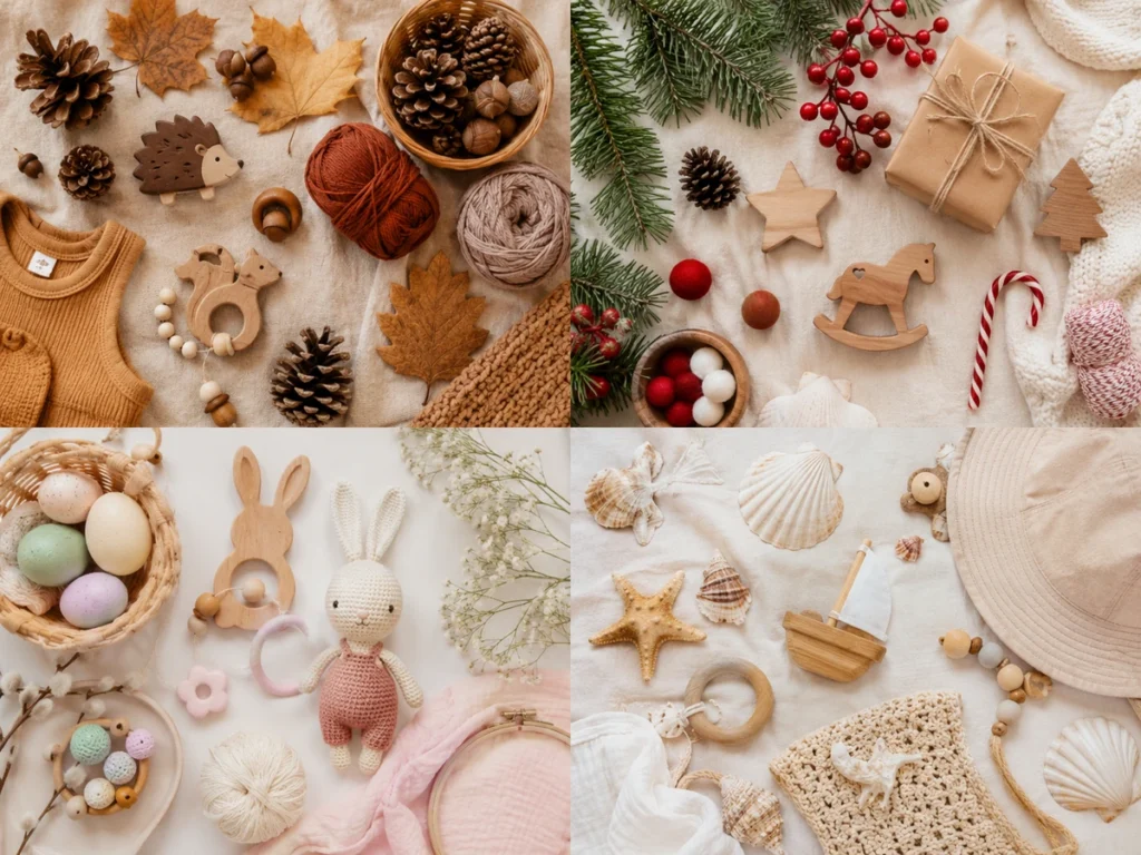 Übersichts-Komposition: Materialien für jede Jahreszeit (Herbst-, Weihnachts-, Oster-, Sommer-Themen) sauber angeordnet.