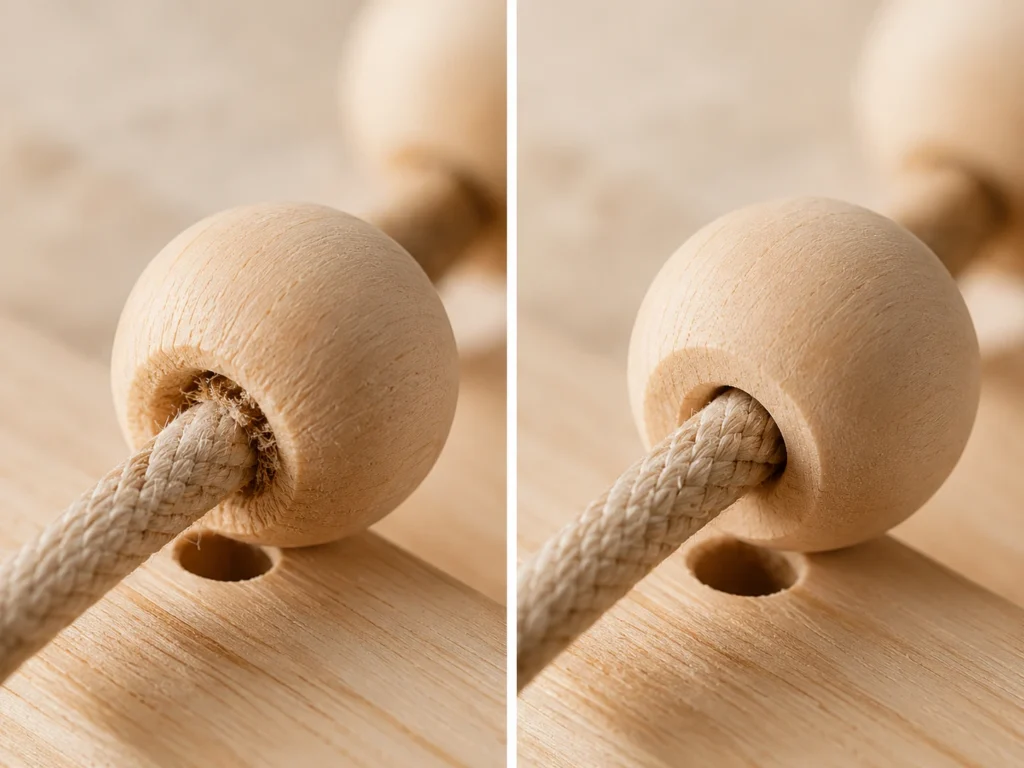 Vorher-Nachher-Bild: Links eine zu enge Bohrung mit verklemmter Schnur, rechts eine perfekt sitzende Bohrung mit gleitender Schnur.