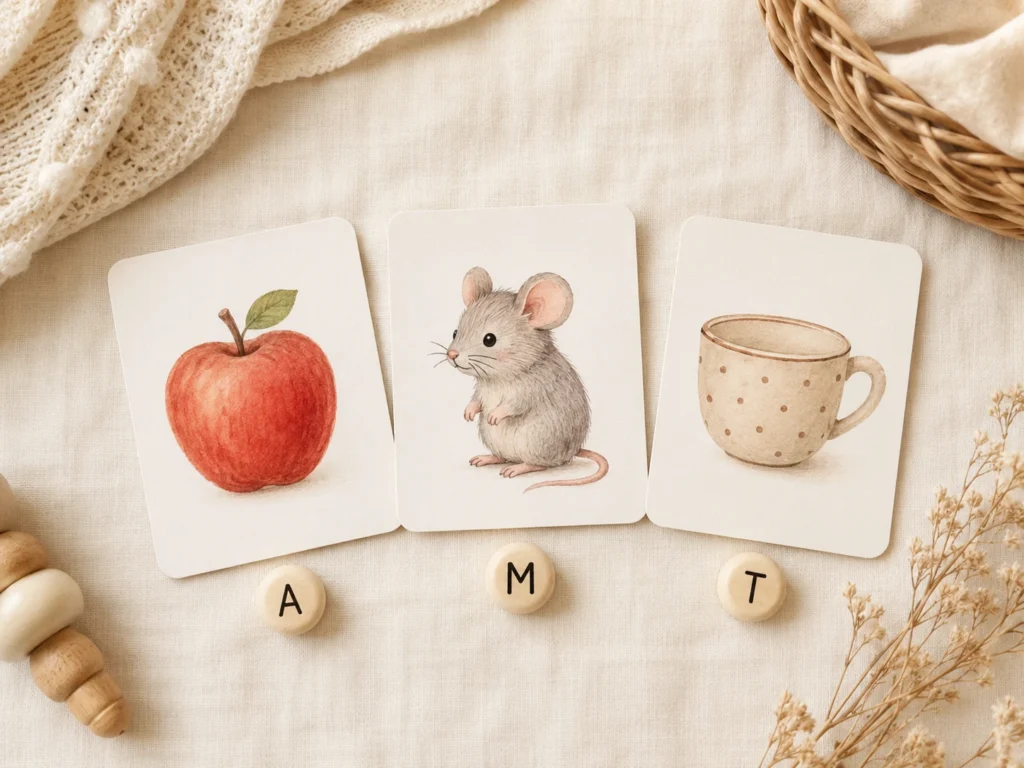 Drei Bildkarten (Apfel, Maus, Tasse) mit jeweils passender Buchstabenperle daneben.