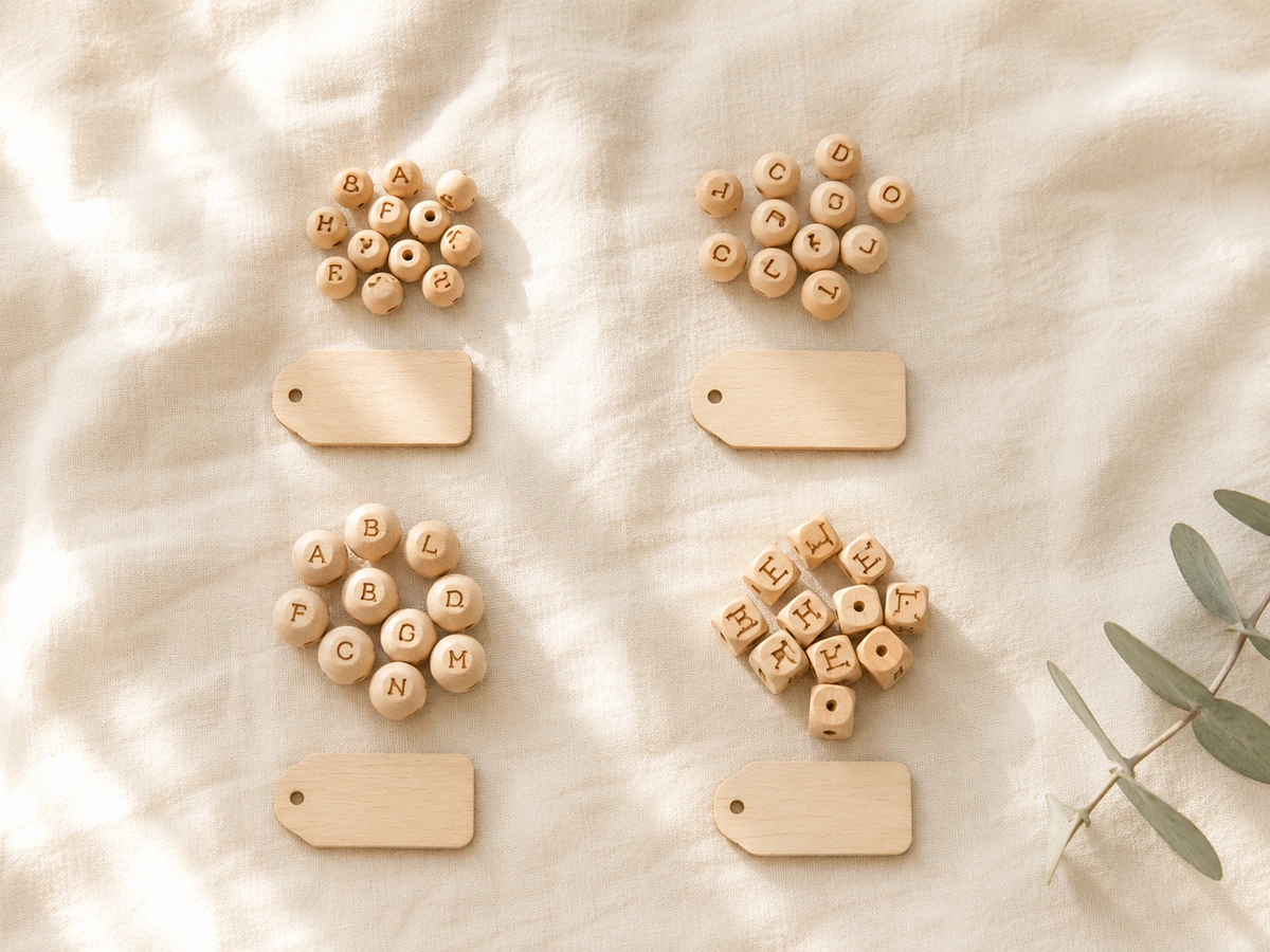 Buchstabenperlen Größenvergleich 10mm, 11mm, 12mm und Würfel — Kiki-Ena Naturholz