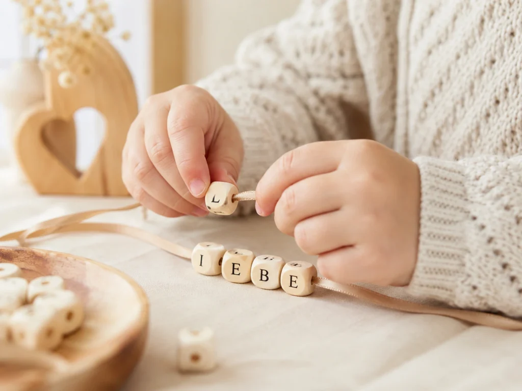 Konzentriertes Vorschulkind (nur Hände) fädelt Buchstaben auf Satinschnur.