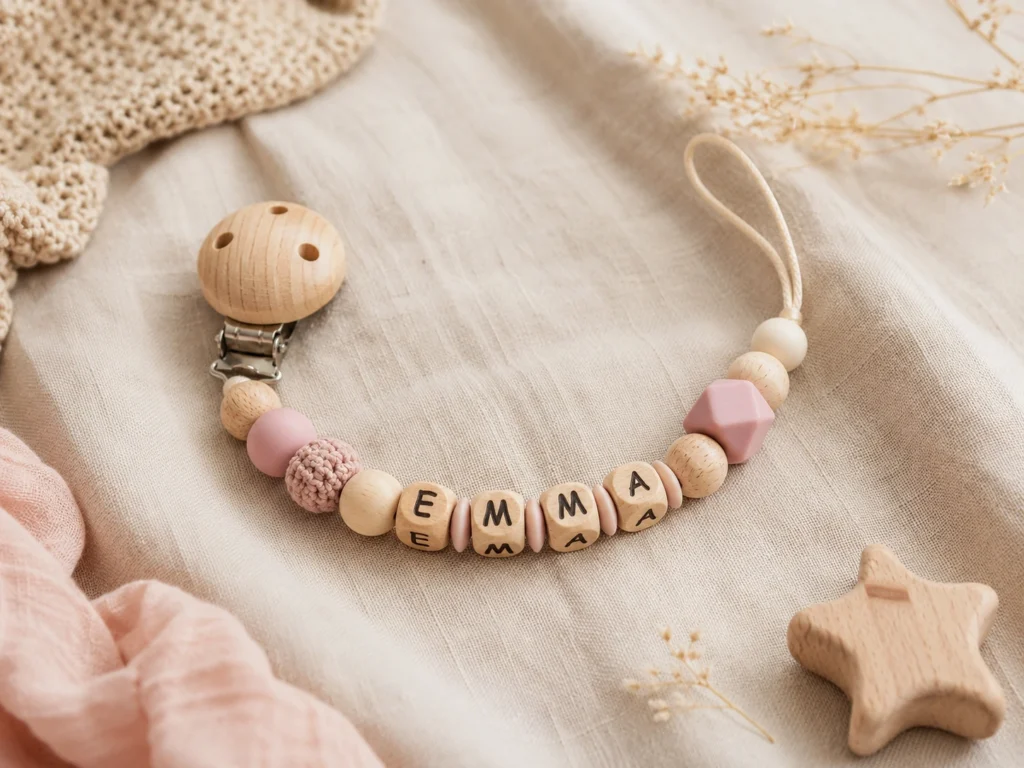 Fertige Schnullerkette mit dem Namen „EMMA" auf weichem Leinen.