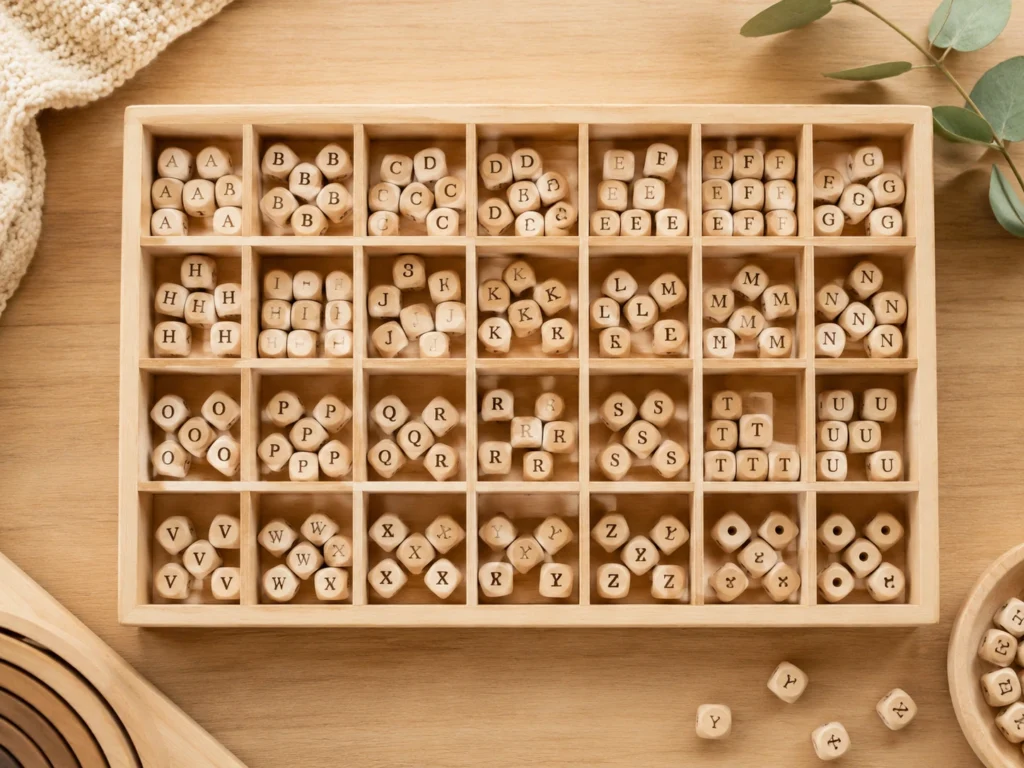 Holzkasten mit Fächern, jeder Buchstabe geordnet auf seinem Platz.