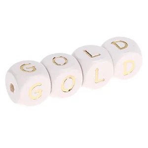 Buchstabenperlen weiss-gold 10mm x 10mm — Kiki-Ena Bastelmaterial Naturholz
