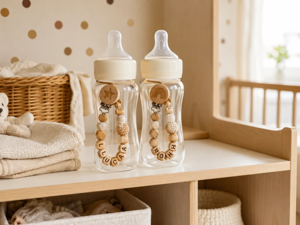 Zwei Babyflaschen mit unterschiedlichen Charms in einer Kita-Krippe nebeneinander, klar erkennbar durch die Namen.