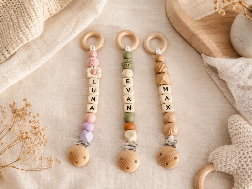 Drei verschiedene Charms mit unterschiedlichen Namen nebeneinander — verschiedene Farb-Themen.