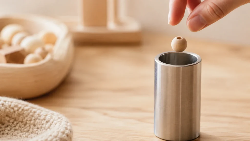 Studio-Aufnahme eines schlichten Metall-Hohlzylinders (31,7 mm Durchmesser) auf Holz-Untergrund, daneben eine Mini-Holzperle, die soeben hineinfällt — als visuelle Erklärung des Kleinteile-Tests. Beleuchtung weich, Fokus auf den Zylinderrand.