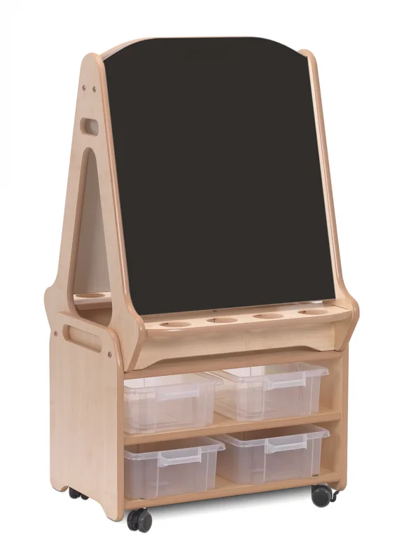 Doppelseitige 2-Stationen-Kreide-/Whiteboard-Staffelei mit hohem Aufbewahrungswagen — Millhouse Lernspielzeug Schule