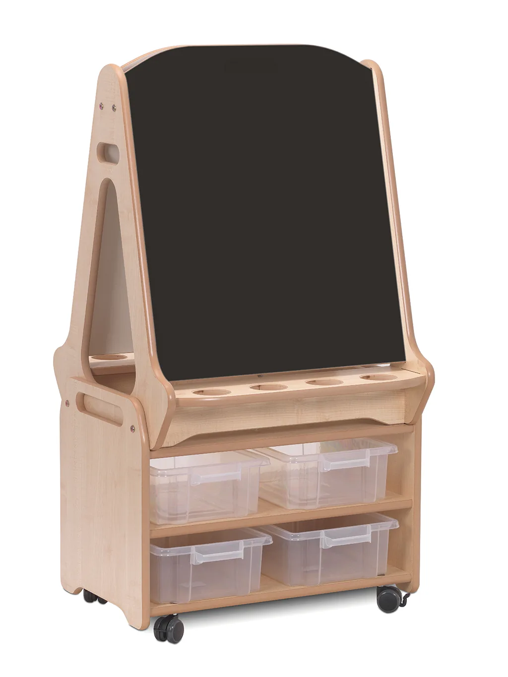 Doppelseitige 2-Stationen-Kreide-/Whiteboard-Staffelei mit hohem Aufbewahrungswagen — Millhouse Lernspielzeug Schule