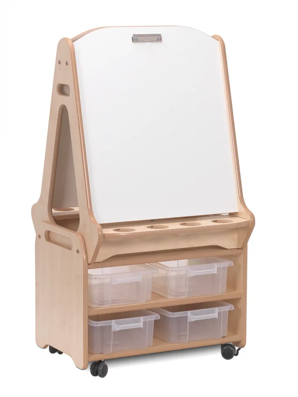 Doppelseitige 2-Stationen-Whiteboard-Staffelei mit hohem Ablagewagen — Millhouse Lernspielzeug Schule