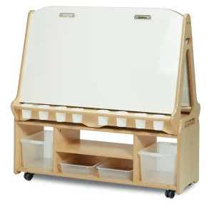 Doppelseitige 4-Stationen-Whiteboard-Staffelei mit hohem Ablagewagen — Millhouse Lernspielzeug Schule