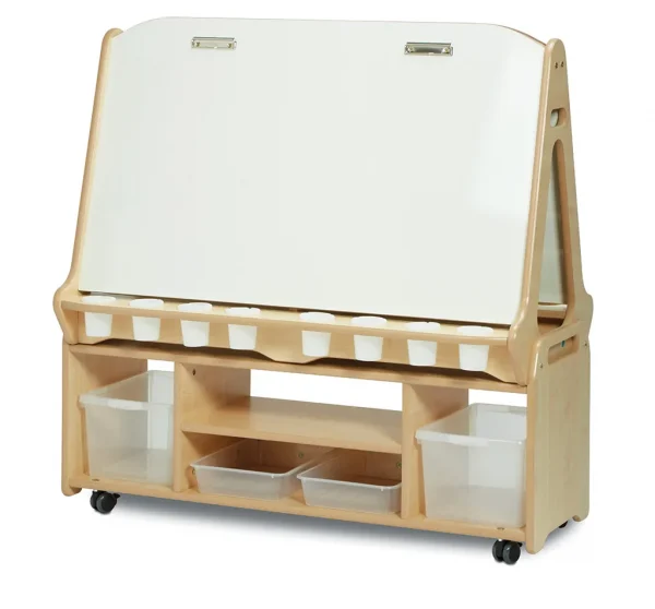 Doppelseitige 4-Stationen-Whiteboard-Staffelei mit hohem Ablagewagen — Millhouse Lernspielzeug Schule