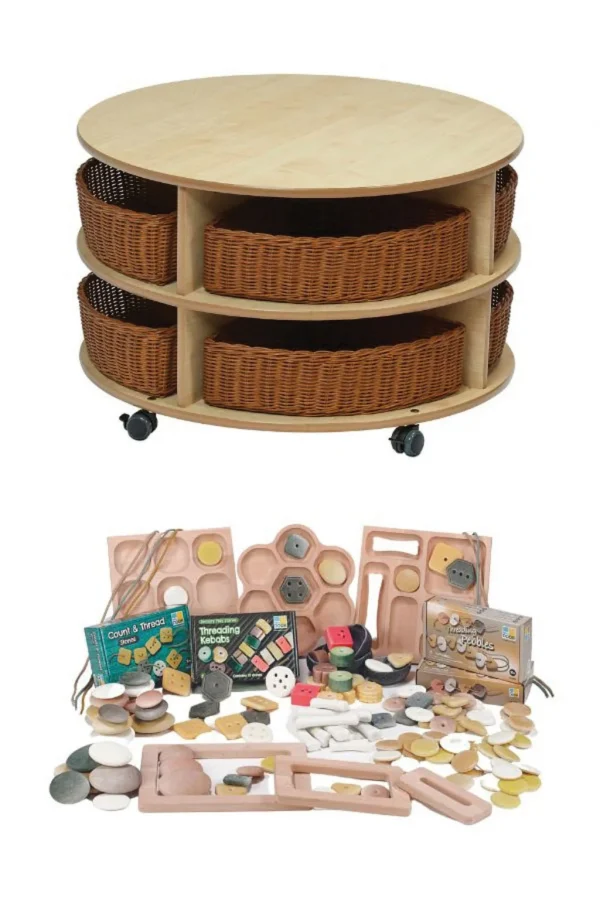 Doppelstöckige Mobile Kreis-Aufbewahrungseinheit mit Körben & Loose Parts Set -  PT1172 — Millhouse Lernspielzeug Schule