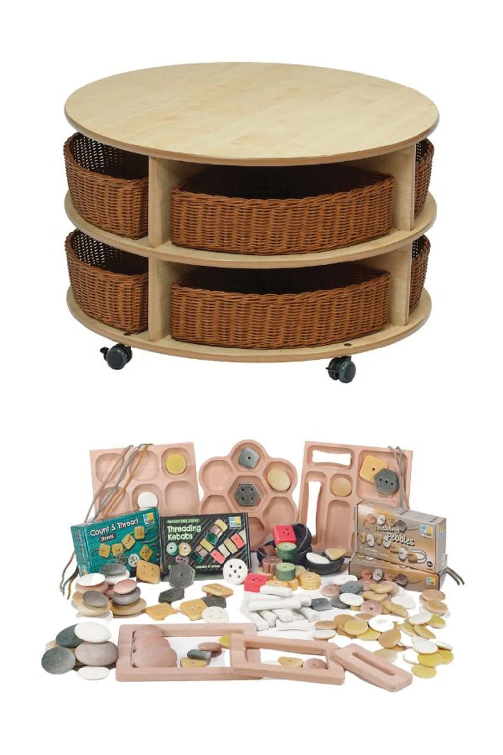 Doppelstöckige Mobile Kreis-Aufbewahrungseinheit mit Körben & Loose Parts Set -  PT1172 — Millhouse Lernspielzeug Schule