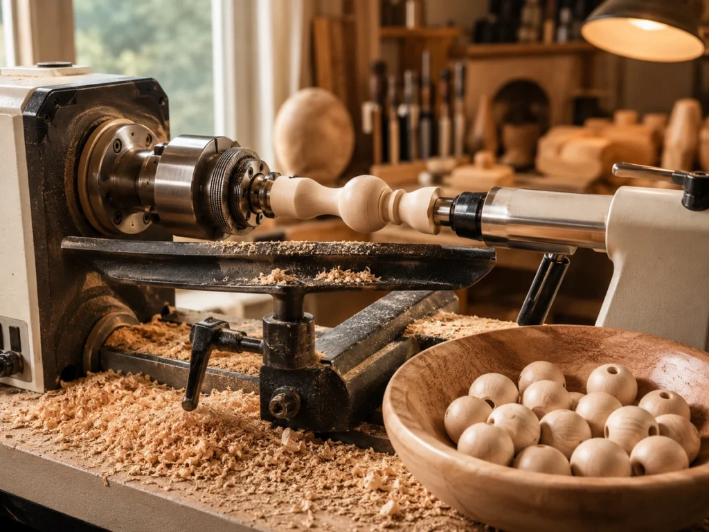 Detail-Aufnahme einer kleinen deutschen Drechselei: Drehbank, Holzspäne, fertige Ahornperlen in einer Holzschale. Handwerks-Atmosphäre.