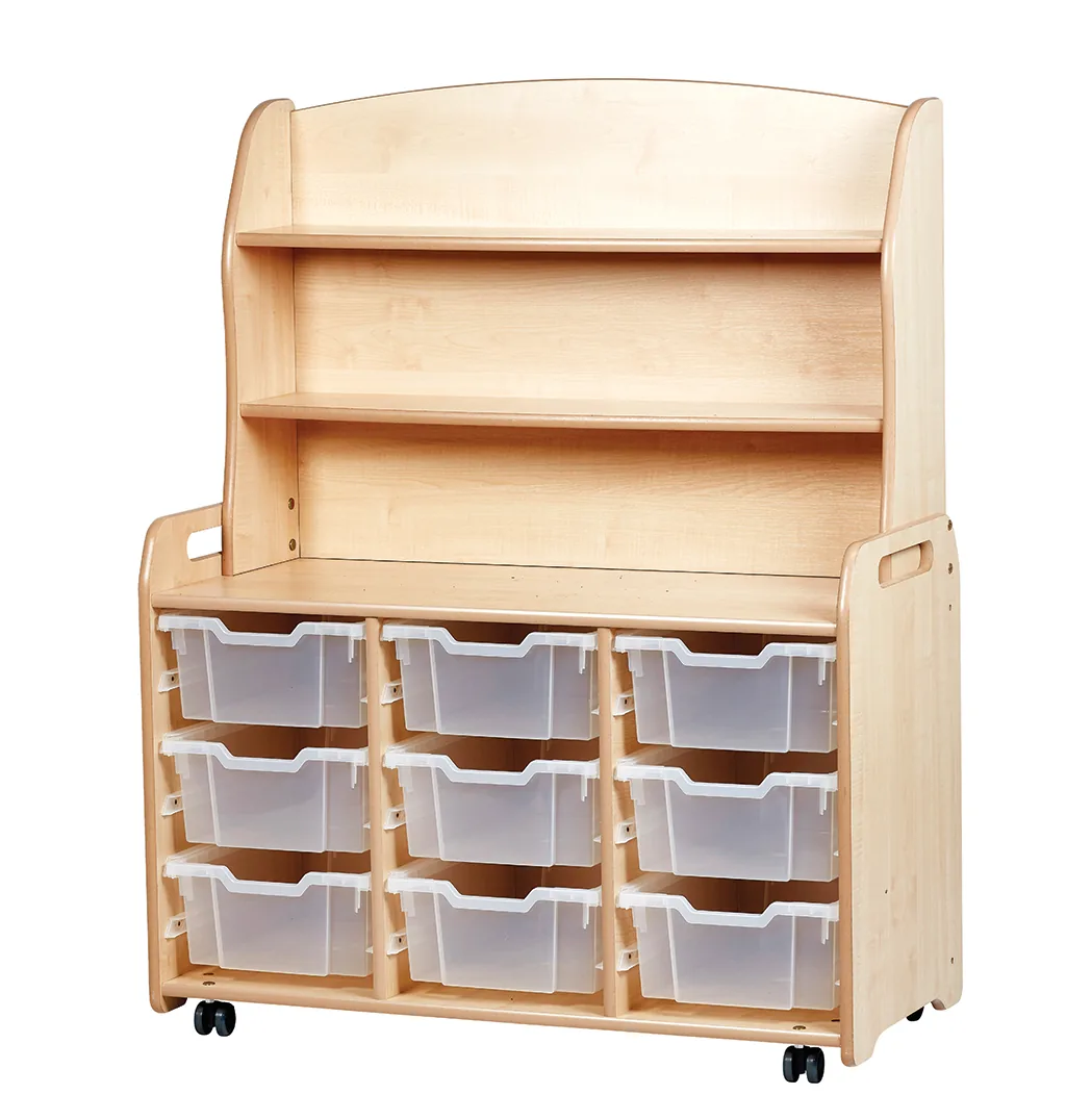 Dreifach-Regalschrank mit 9 tiefen Aufbewahrungsboxen und Aufsatz — Millhouse Lernspielzeug Schule Dreifach-Regalschrank mit 9 tiefen Aufbewahrungsboxen und Aufsatz — Millhouse Lernspielzeug Schule