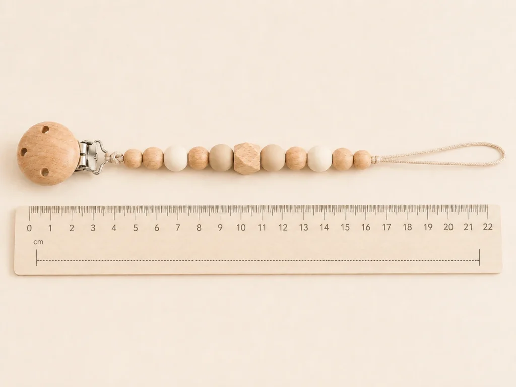 Schnullerkette gestreckt auf weissem Untergrund, daneben Lineal das deutlich 22cm markiert. Klare Visualisierung der EN 12586 Laengenvorschrift. Top-Down clean.