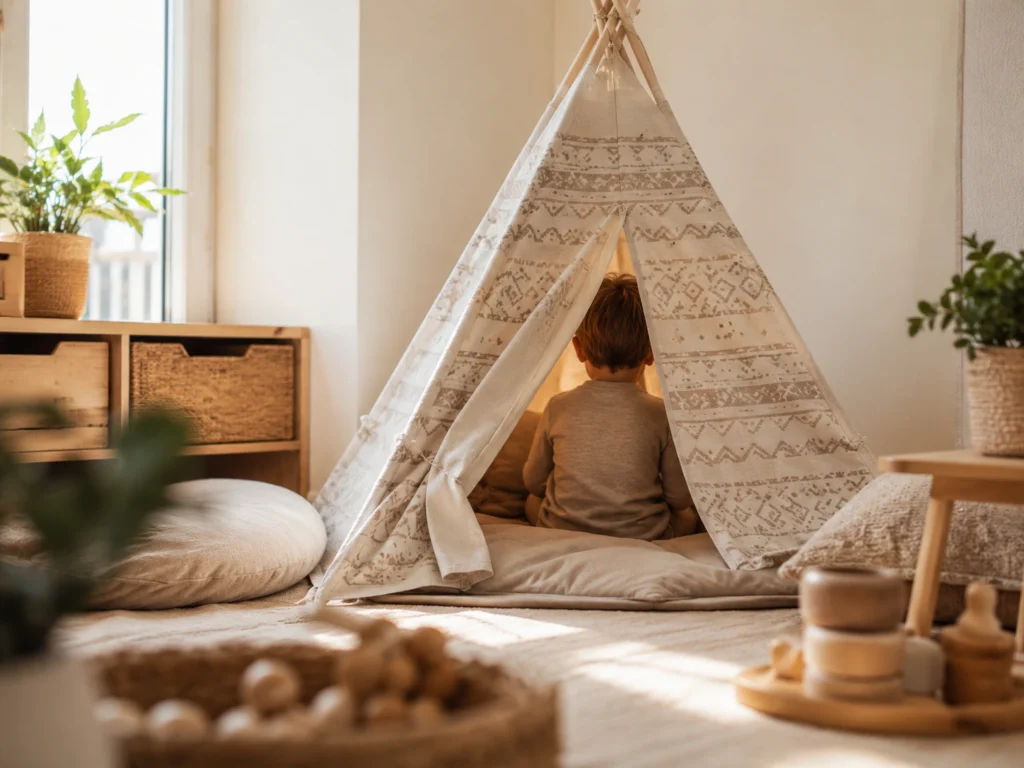 Cosy Cove-Höhle mit Aztec-Zubehörset — Kind sitzt innen (Hinterkopf), Vorhang halb geöffnet.