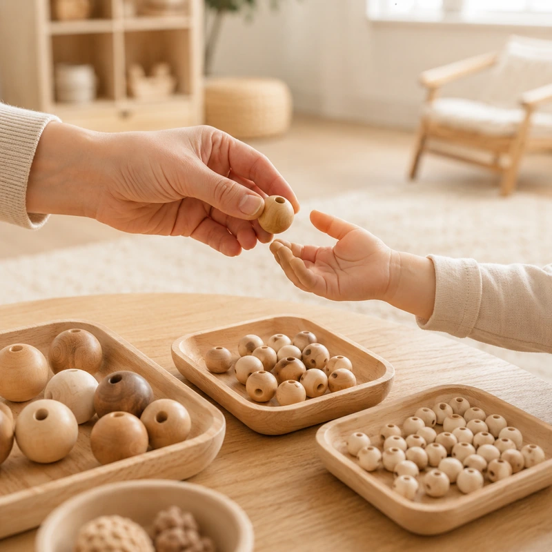 Ergotherapie-Übung mit Holzperlen verschiedener Größen für Feinmotorik-Training — therapeutische Übergabe-Geste zwischen Therapeutin und Kind.