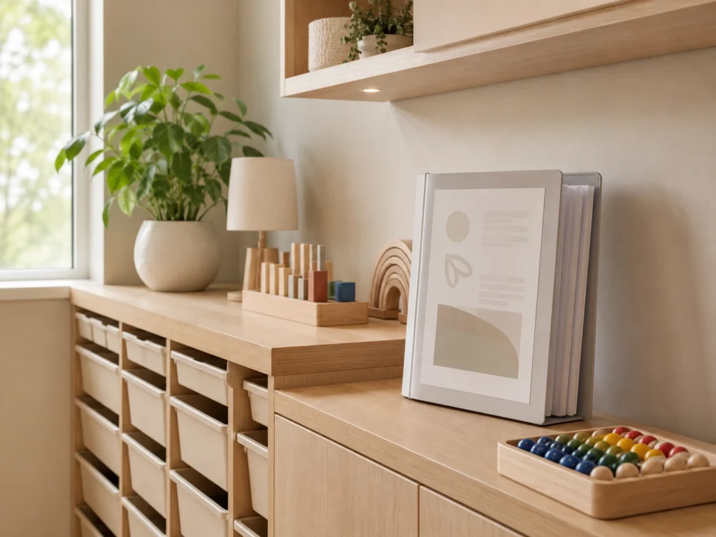 Ordner mit Konformitätserklärungen neben einem Materialschrank, daneben Holzperlen-Set.